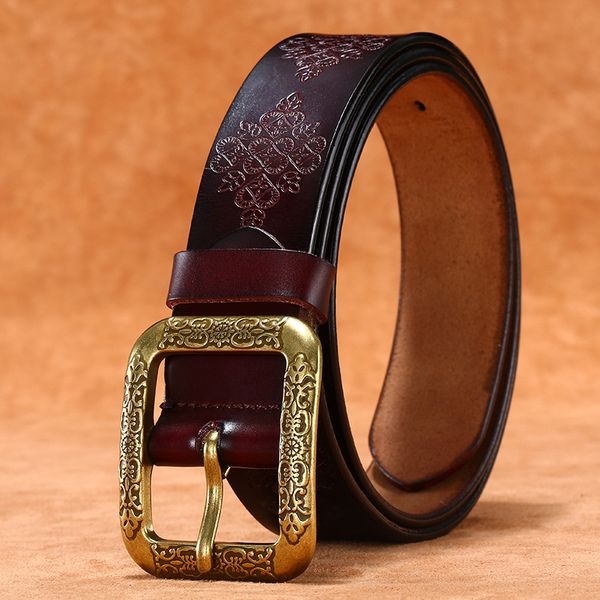 

male and female universal genuine leather bronze pin buckle belt casual wide trousers belt, Black;brown