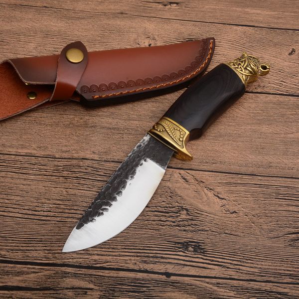 Hochwertiges, handgefertigtes Jagdmesser mit feststehender Klinge, 7Cr17 Satin-Drop-Point-Klinge aus Holz + Messingkopfgriff mit Lederscheide