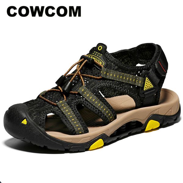 

cowcom big size 45 summer 2019 leisure anti-skid beach shoes genuine leather sandals slippers men's sandals clk-8326, Black