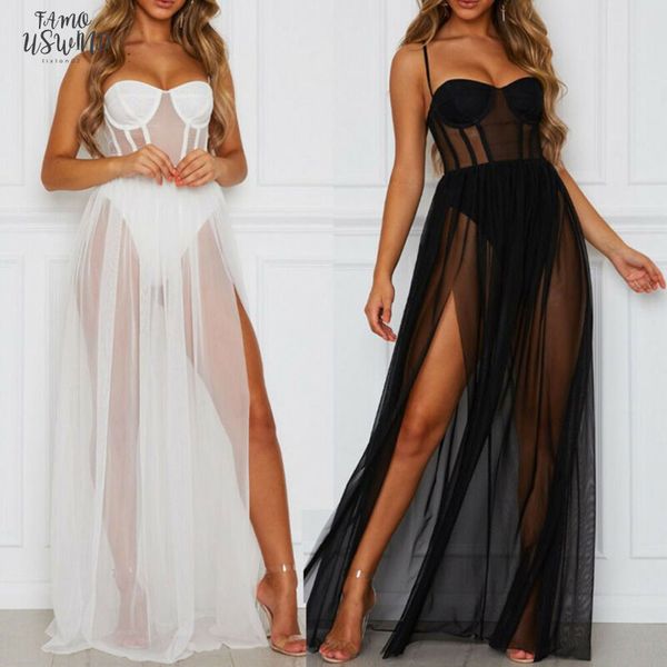 

summer 2pcs dress womens perspective mesh gauze sleeveless backless party dress black white long maxi dresses sundress, Black;gray