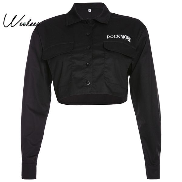 

weekeep single breasted turn down collar jacket women black letter print cropped streetwear long sleeve bomber jackets women, Black;brown