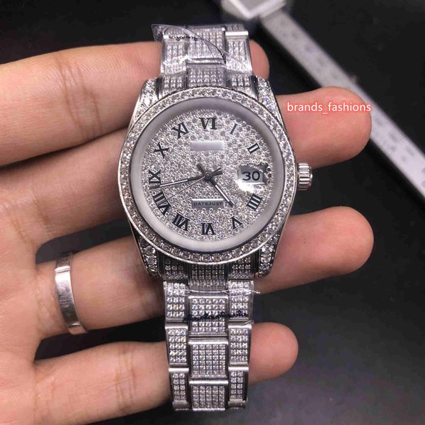 

men's iced diamond watch silver diamond face watch stainless steel diamond strap automatic mechanical sports watches, Slivery;brown