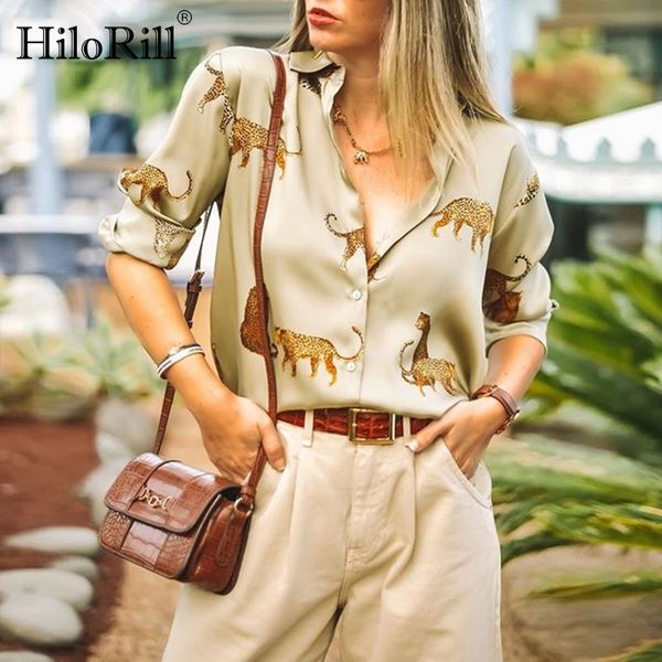 

hilorill women blouses long sleeve turn-down collar casual leopard print style office shirt ladies loose blouses blusas, White