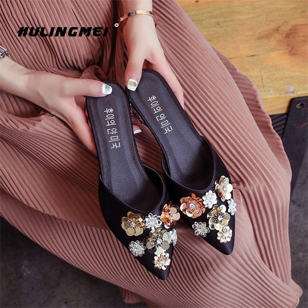 

new 2020 women pointy slippers mercerized cotton floral sequined comfortable slippers for women, Black