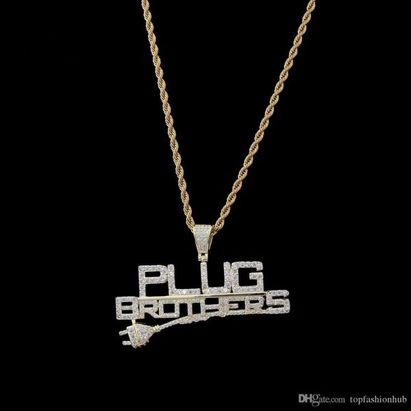 

new men and women hip hop plugbrothers plug letter pendant fully zircon 14k gold plated pendant