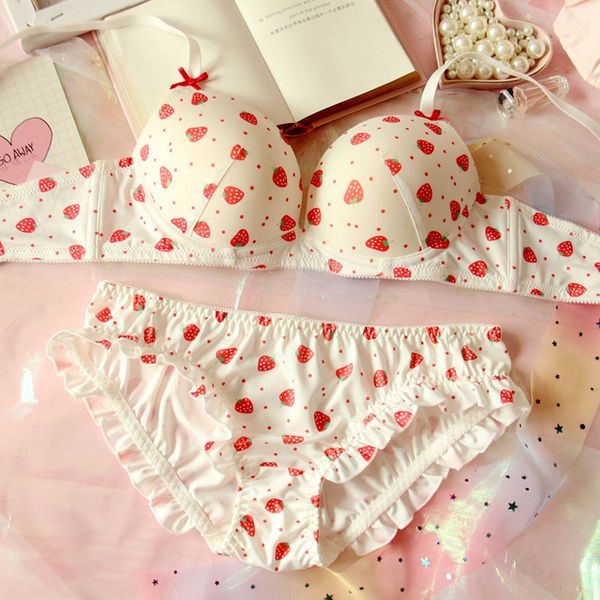 

sweet lolita women's cute strawberry print bra & panties lingerie set japanese girl push up underwire bras briefs set underwear, Red;black