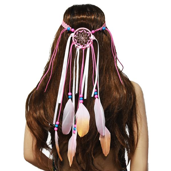 

handmade leather rope colorful feather headbands with flannel and beads dream catcher tassel boho hair accessories for women, Silver