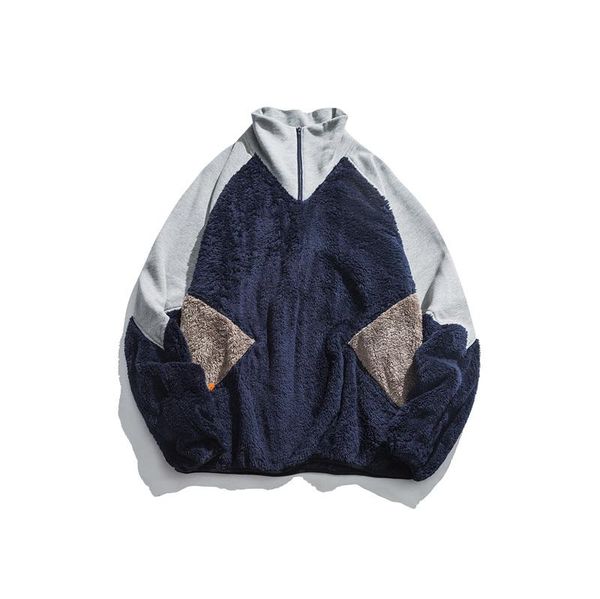 

winter men's lambswool pullover sweatshirt stitching contrast zipper stand collar sweatshirt men's warm loose m-2xl, Black