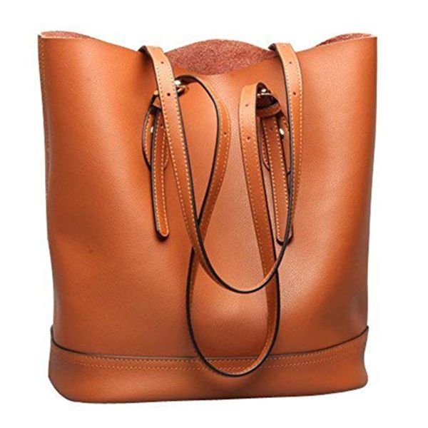

tote shoulder handbag, genuine bucket purses bags large capacity for women (brown