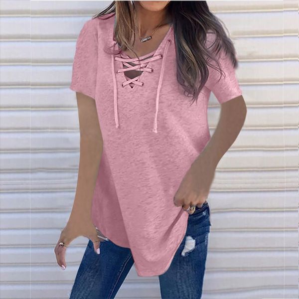 

summer 2020 women's solid color short-sleeved v-neck strap loose t-shirt summer 2020 women's solid color short-sleeved v-neck stra, White