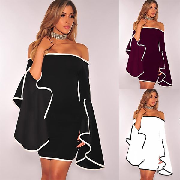 

models summer horizontal neck bell sleeve short dress europe and america selling party skirt a1629, White;black