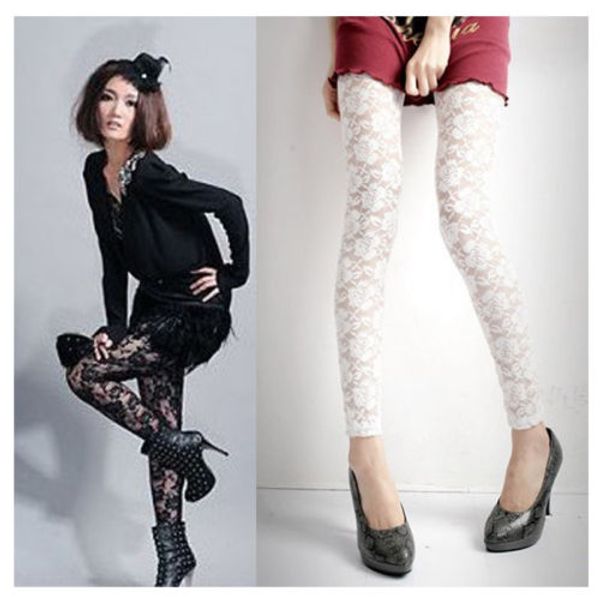 

2019 Womens Black White Lace Tights Sexy Ladies Wet Look Metallic Leggings Costume Clubwear Tight Pants