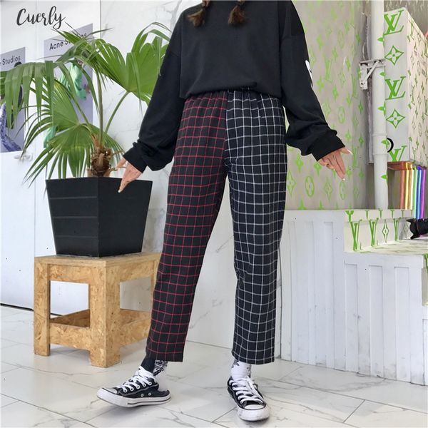 

patchwork pants plaid pant women drawstring elastic waist straight trouser autumn fashion outwear drop shipping good quality, Black;white