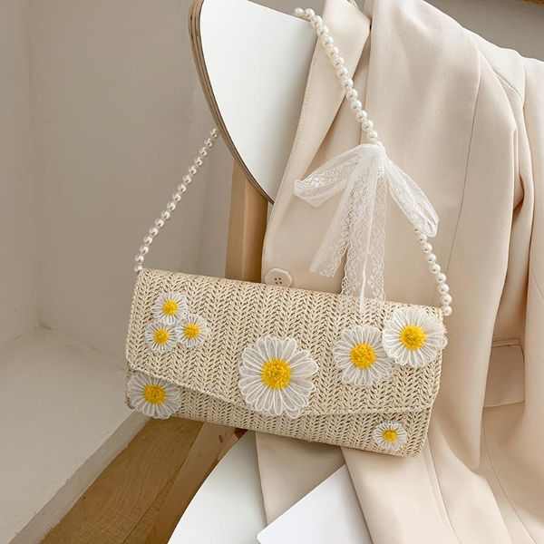 

women straw woven handbag female daisy pearl handle underarm shoulder tote bag popular simple female daily bag