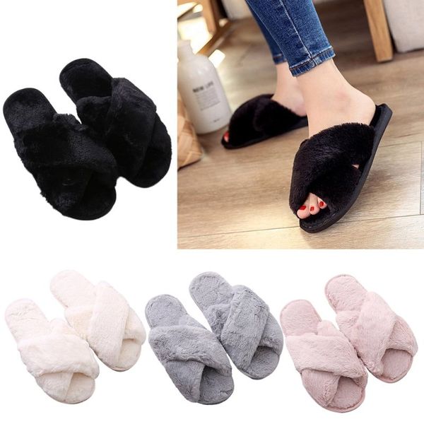 

women winter cross fluffy plush home slippers indoor fuzzy furry warm solid color flat shoes house open toe slide sandals 36-41, Black