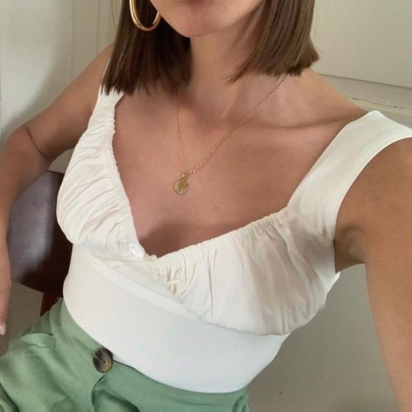 

european and american 2020 summer women's vest bow pleated sling u-neck vest, White