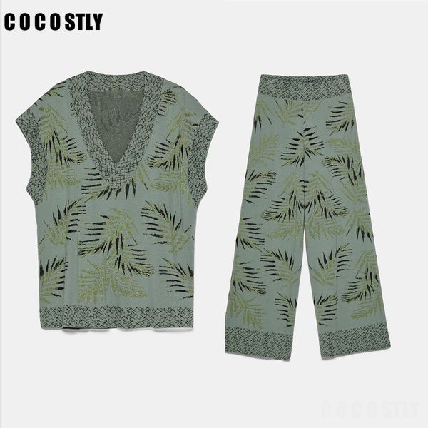 

vintage print knit 2 piece set women sleeveless vest +elastic wide leg pants suit loose trousers clothes for women set, White
