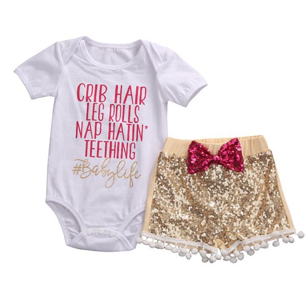 

3pcs summer baby girl romper sequin pants headhand outfits set clothes baby girl outfit 0-24m, White
