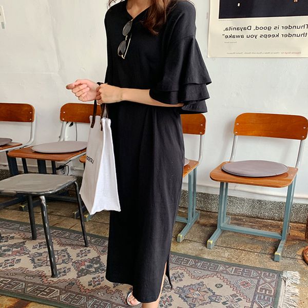 

новый 2020 лето вязать платье женщины сплошной цвет мода повседневная дикий дамы платье корейский стиль pluz размер женская одежда v600, Black;gray