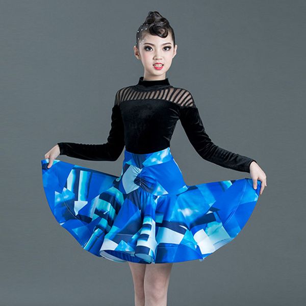 

girls latin dance dress black velvet bodysuit blue printed skirt kids practice dancing costumes tango salsa cha cha samba dn4465, Black;red
