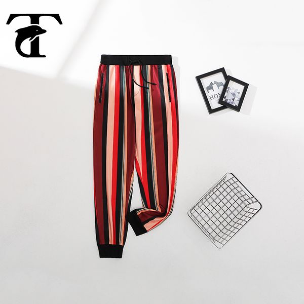 

summer full-length printed pants men hip hop harajuku casual red elastic waist striped sweatpant home visit camping trousers men, Black