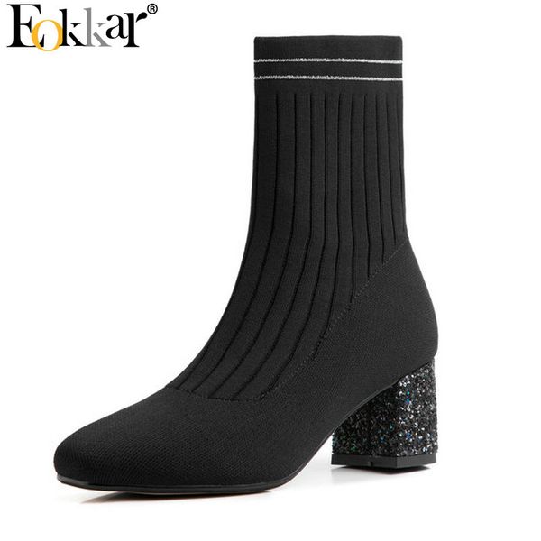 

eokkar 2020 women knitting ankle boots square high heel all match slip on square toe winter boots ladies shoes size 34-39, Black
