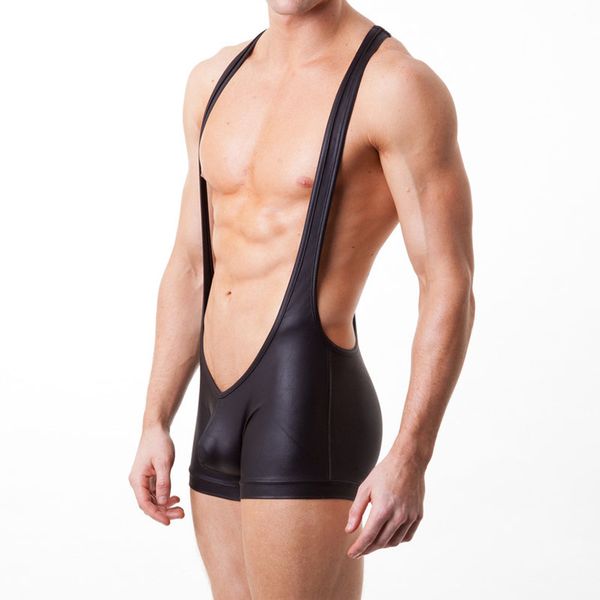

men's wrestling singlet bodysuit, silky smooth.wrestling singlet solid color faux leather costume bodysuit, White;black