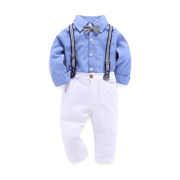 

2020 fashion boys autumn gentleman straps set lapel long sleeve shirt elastic pants, White