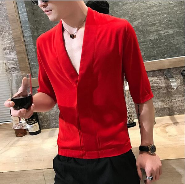 

deep pullolver shirt red pink black white 4 colors summer shirt men herren hemd slim fit thin solid designer men, White;black