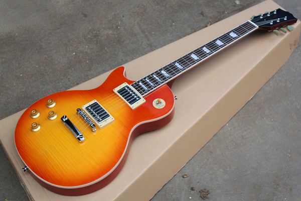 

left-handed sunburst electric guitar with flame maple venner,rosewood fingerboard,fixed bridge,body binding,can be customized