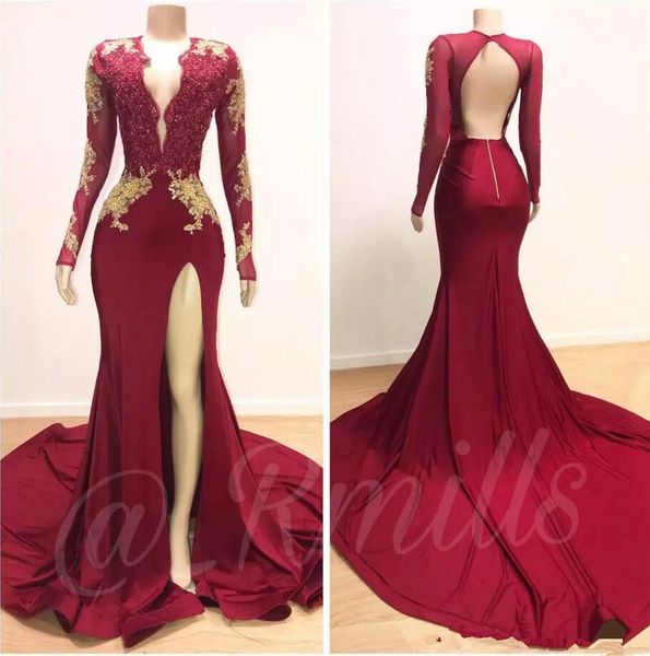 Burgundy Split SIde High Prom Dresses 2019 Deep V Neck Sheer Long Sleeve With Gold 3D Floral Flower Mermaid Evening Gowns Short Tight Prom Dresses
