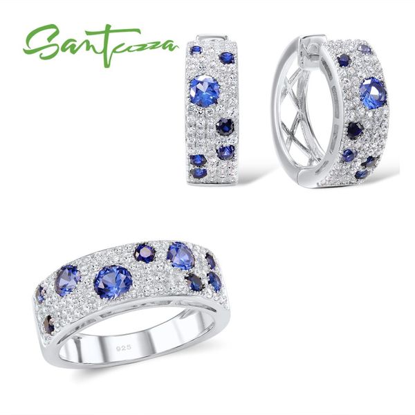 

santuzza jewelry set for women gorgeous blue nano cz earrings ring set genuine 100% 925 sterling silver sparkling jewelry