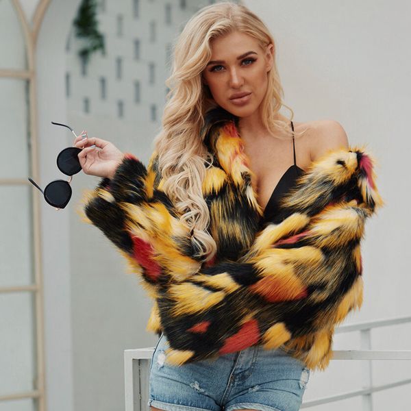 

new women plush coat faux fur splice color open front long sleeves furry overcoat new fashion winter female outwear streetwear, Black