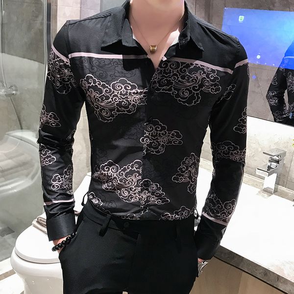 

print shirt men long sleeve shirts party nightclub tuxedo shirts casual slim fit male shirt streetwear, White;black