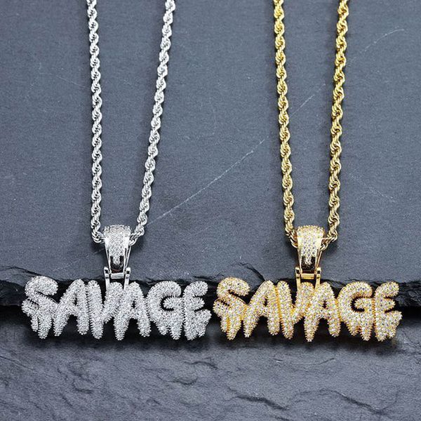 

bling bling savage letter necklace & pendant shiny ice out link chain necklace with tennis chain choker hip hop jewelry for men, Silver