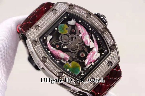 

new style 57-01 3d brocade carp totem dial miyota automatic mens watch silver diamond case gents sportwatches red leather strap, Slivery;brown
