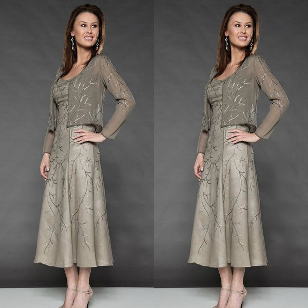 

elegant embroidery mother of the bride dresses beaded scoop neckline tea-length occasion dress with jacket for wedding, Black;red