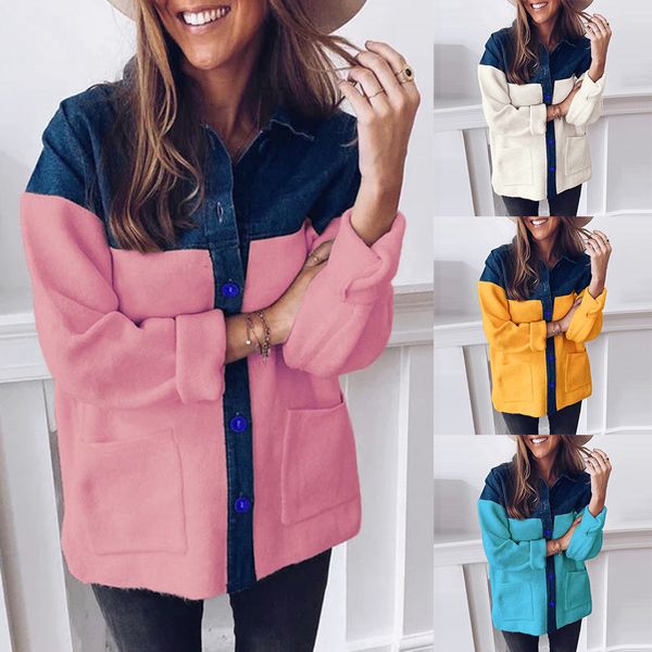 

ostrich women 2019 autumn/winter fashion patchwork denim contrast color loose trench coat lapel femal coat, Tan;black