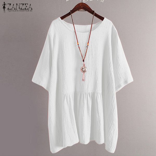 

half sleeve summer tee shirts women's blouse fashion peplum zanzea plus size tunic female chemise casual baggy blusas, White