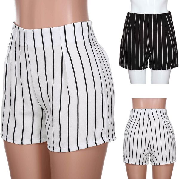 

женские повседневные летние пляжные шорты с высокой талией в полоску мини-шорты с рюшами, White;black
