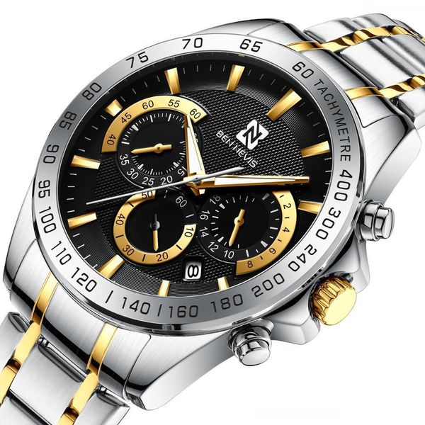 

luxury bennevismilitary multifunction quartz watch stainless steel wristwatches male watches relogio masculino, Slivery;brown