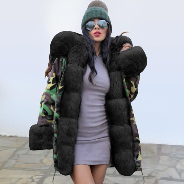 

2019 winter warm women camo pur parkas long sleeves defined waist lace-up hooded coats slim ladies thick outerwear long coats, Black