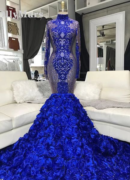 

royal blue mermaid prom dresses 2019 for african black girls lace beaded real pictures high neck vestido de festa party gowns, White;black