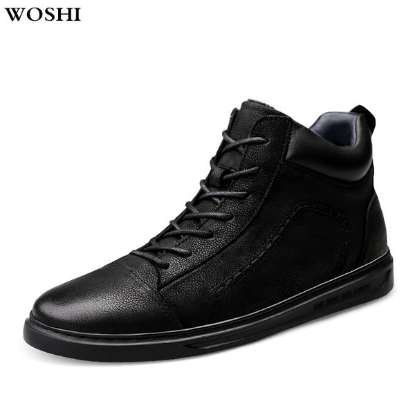 

genuine leather men boots with fur plush winter ankle snow boots riding outdoor lace up working snow men shoes, Black