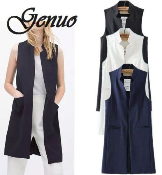 

2019 blazer casual vest waistcoat women stand collar long suit vest female jacket coat black pockets office lady, Black;white
