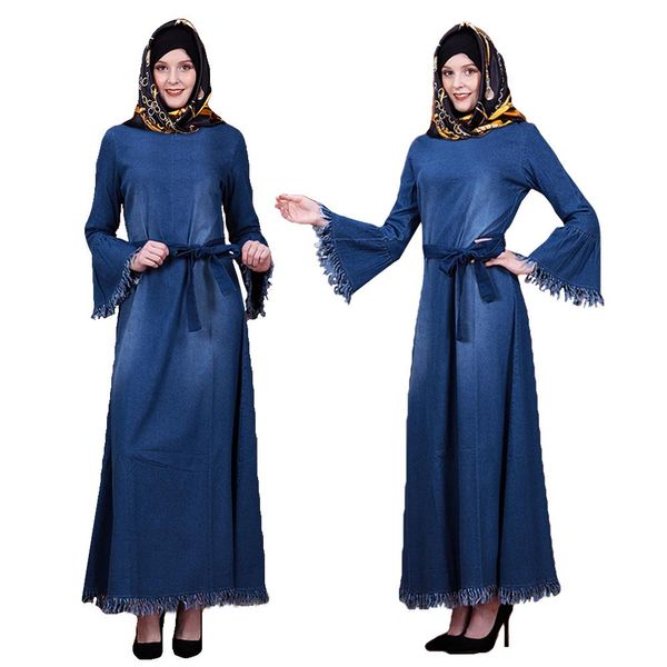 

muslim abaya maxi dress denim kaftan islamic long party robe jilbab tassel gown arab middle east flare sleeve with belt fashion, Red