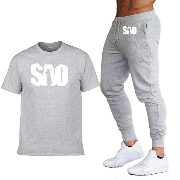 

sao sword art online summer fashion casual cotton short sleeve round neck men's t-shirt+pants 2 piece suit, Gray
