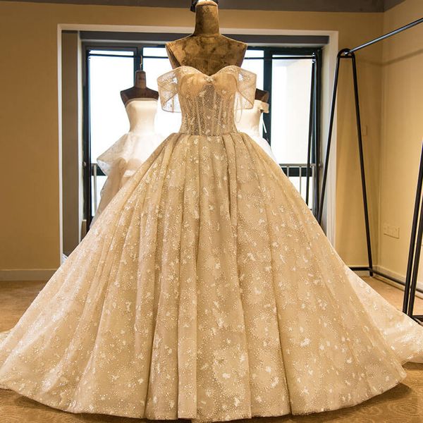 Роскошь с плеча кружева бальное платье Свадебные платья 2020 бисером аппликация Ruched часовня поезд свадебные платья 100% реальное изображение CPH016