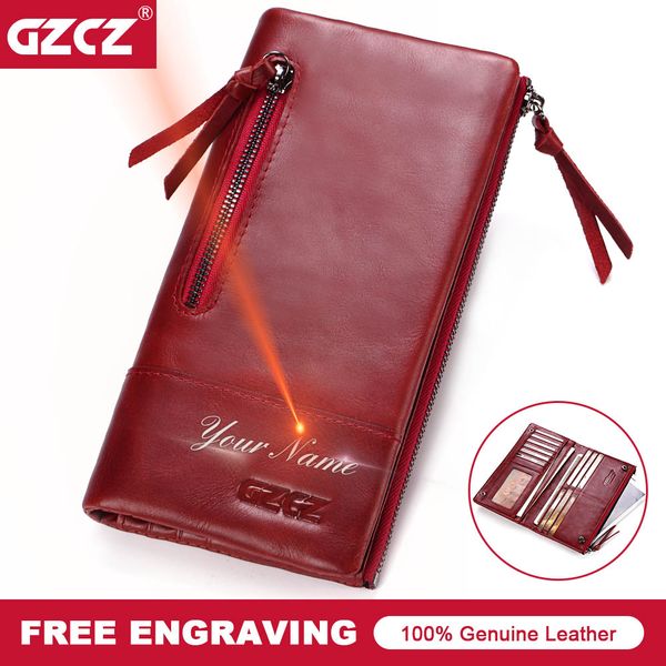 

gzcz genuine leather women long wallet female zipper clamp coin purse lady walet fashion cell phone pocket money bag portomonee, Red;black