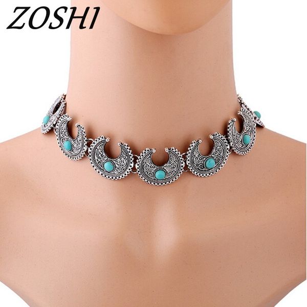 

zoshi women choker necklace vintage short necklaces & pendants for women jewelry vintage natural blue stone moon necklace, Golden;silver